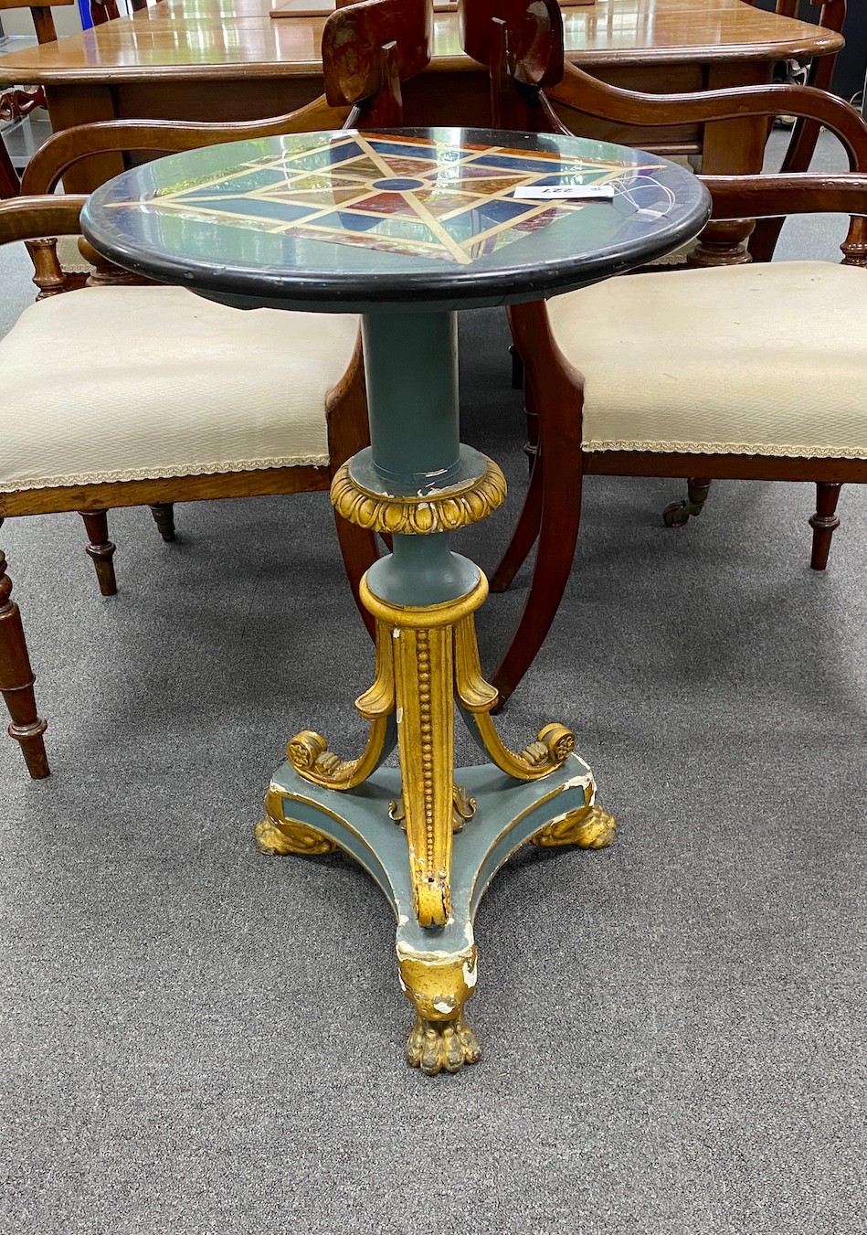 A Regency painted carved giltwood wine table with LATER circular specimen marble top, diameter 45cm, height 73cm